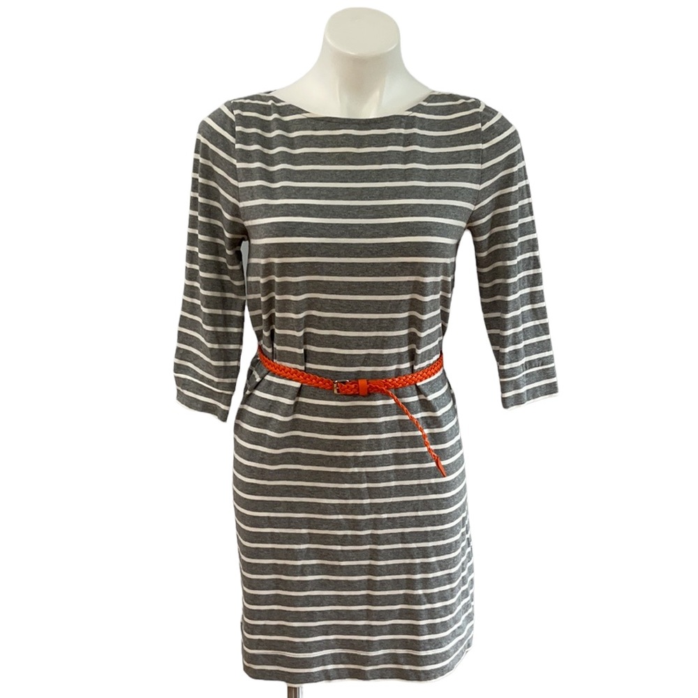 LC Lauren Conrad • 3/4 Sleeve Striped Dress Gray White Belted